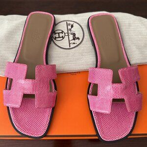 Unworn Hermes Oran Pink Lizard Sandals
